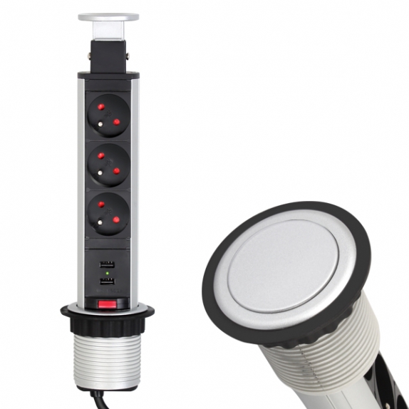 Gniazdo meblowe wysuwane LIFT BOX 2xUSB i 3xGniazdo Aluminium