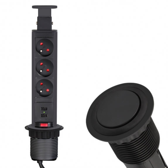 Gniazdo meblowe wysuwane LIFT BOX 2xUSB i 3xGniazdo Czarne