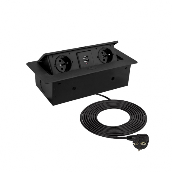 Gniazdo uchylne KOMBI BOX 2xUSB 2xGniazdo 3m Czarny